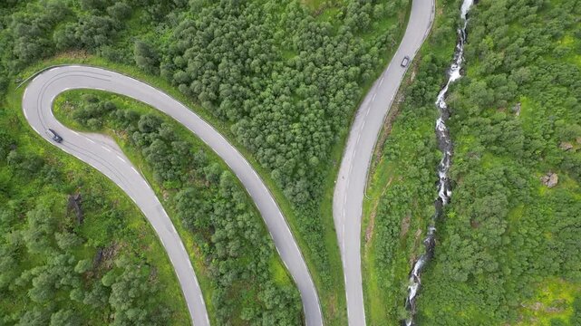 Aerial Top Down View of Wining Alpine Road and River n Lush Green Forest