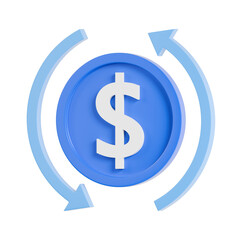 Fototapeta premium 3D illustration of a blue dollar coin with circular arrows representing money transfer, financial exchange, payment cycle and business transactions