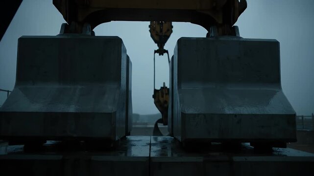 Industrial Construction Crane Lifting Heavy Concrete Blocks on a Gloomy Overcast Day with Water Droplets