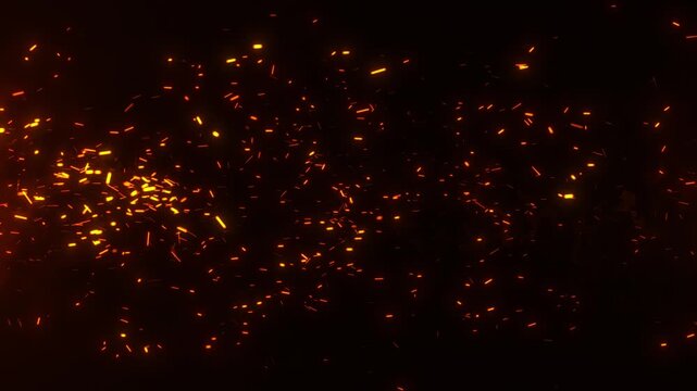 Glowing orange sparks flying across a dark background creating a fiery particle effect. Dramatic abstract animation representing heat, fire, energy, welding sparks, and intense glowing embers.