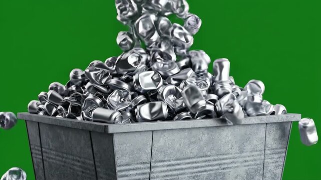 Seamless Loop of Crushed Aluminum Cans Falling into Industrial Skip Bin on Green Screen Background for Recycling and Waste Management Concepts