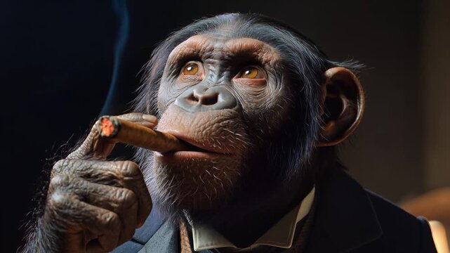 A chimpanzee in a suit smokes a cigar thoughtfully indoors close-up.
