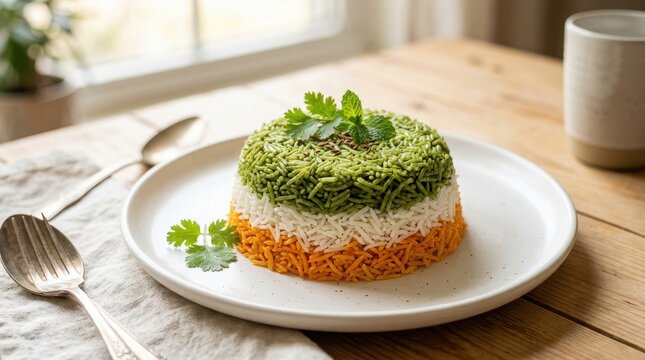 Tricolor rice dish with herbs on a wooden table setting
