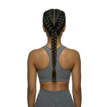 Woman with double boxer braids ready for fitness. Focus on functional, athletic hairstyle inspiration.