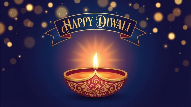 Diwali festival greeting card with decorative oil lamp and festive lights