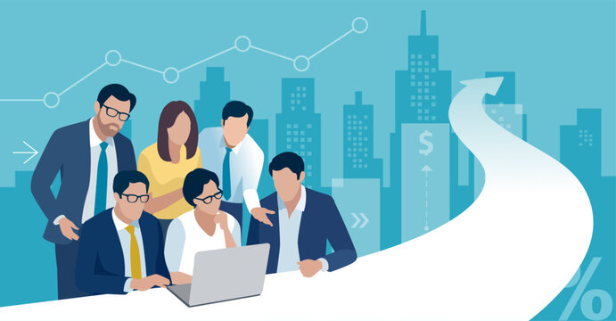 Brainstorming, vision, strategy. The team discuss successful business plan. Vector illustration 