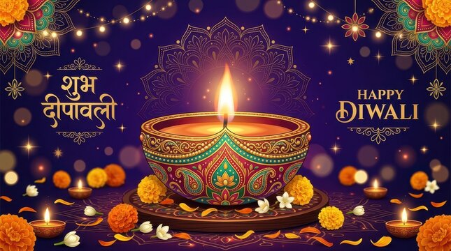 Colorful Diwali Festival Greeting with Traditional Oil Lamp and Flowers