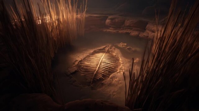 An underwater fossil, possibly a leaf or fish, lies in a still pool. Tall grasses border the scene
