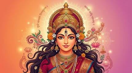 Obraz premium Colorful Illustration of Indian Goddess with Floral Elements
