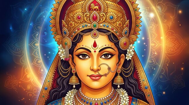 Colorful digital illustration of a Hindu goddess with ornate jewelry