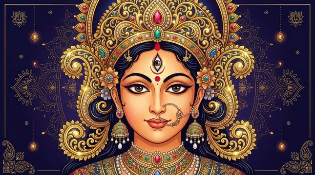 Intricate Illustration of a Goddess with Ornate Headdress