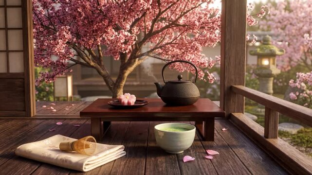 Peaceful sakura tea ceremony. Calm and tranquil hanami session with tea and blossoms