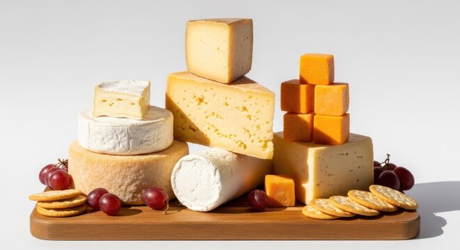 Assortment of Cheeses on Wooden Board with Grapes and Crackers.
