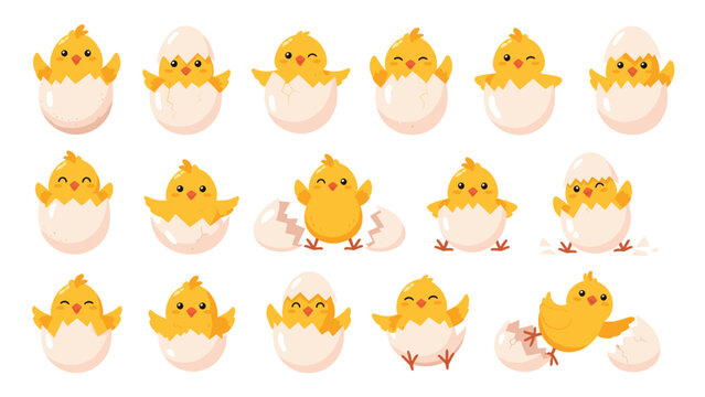 Set of cute cartoon yellow chicks hatching from white eggs in various adorable poses and expressions for spring or easter themes.