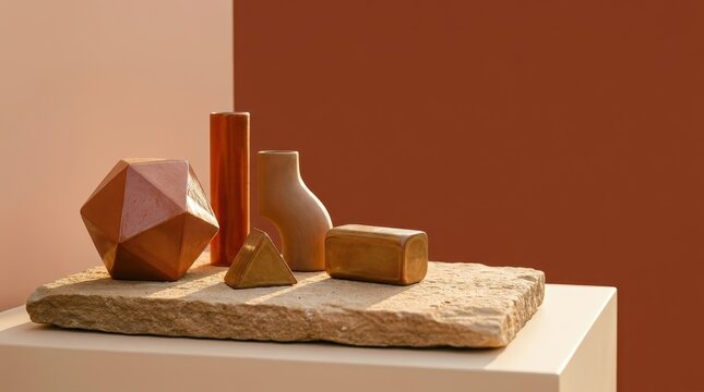 Geometric clay sculptures on stone platform in warm minimalist setting