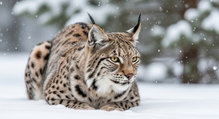 Obraz premium Wild Eurasian Lynx in Snowy Forest.