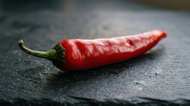 Close-up of a Fresh Red Chili Pepper on Dark Slate Surface