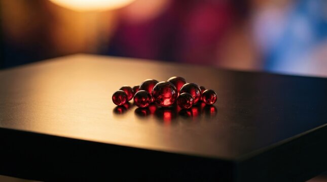 Close-up of red glass marbles on a dark surface with bokeh background