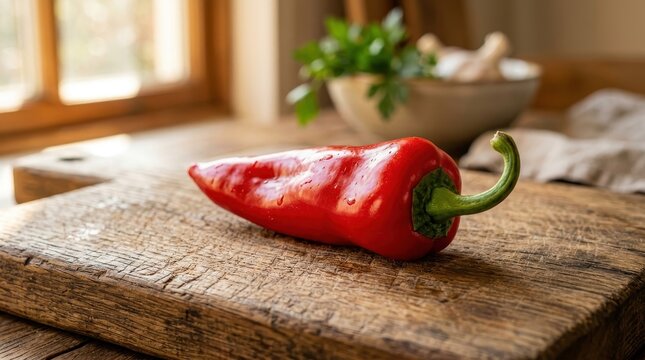 Fresh red bell pepper on rustic wooden cutting board in kitchen