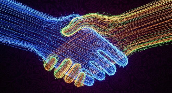Digital handshake made of glowing fiber optic light lines representing global network contact