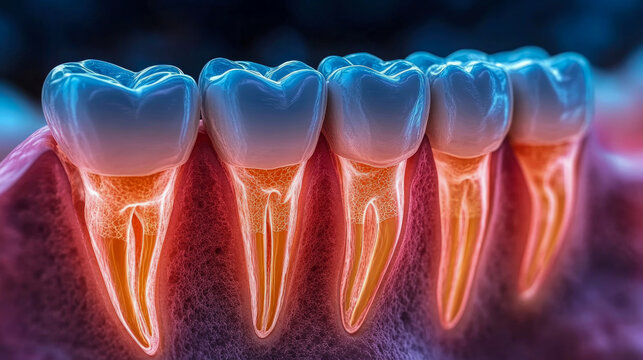 Vivid 3D illustration of row of molar teeth, revealing intricate internal root canals and pulp chambers glowing with fiery orange, symbolizing dental pain, infection, or healthy nervous system.