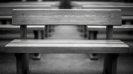 Fototapeta premium Front-facing view of empty, traditional wooden pew in quiet, monochromatic church or chapel, with blurred rows extending into background, evoking deep contemplation, peace, and spiritual solitude.
