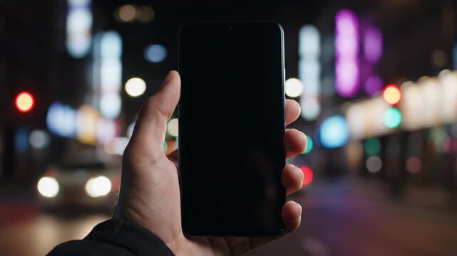 Smartphone held by hand with dark screen against blurred city night lights for urban technology concept
