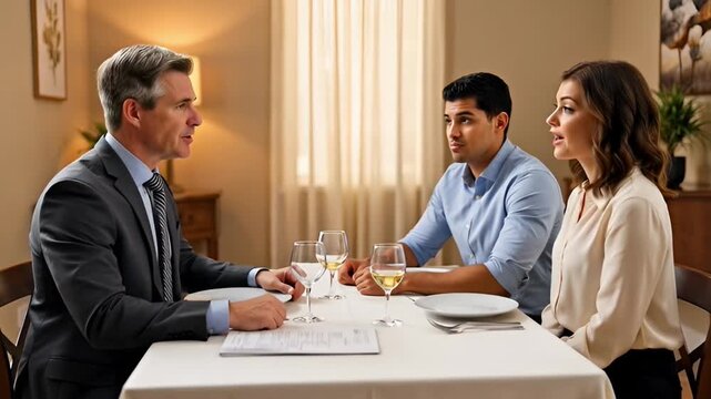 Three people at table discuss paperwork in room with daylight background