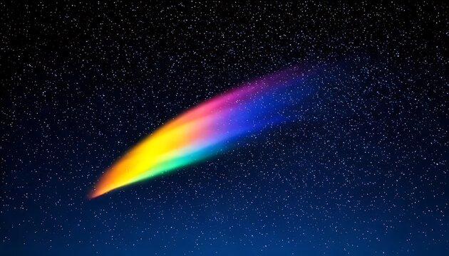 A vivid, multicolored comet streaks across a deep blue night sky sprinkled with stars, creating a celestial spectacle