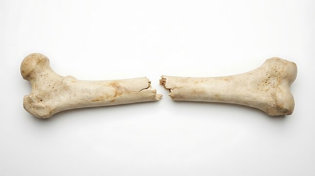 Broken human femur bones on white background