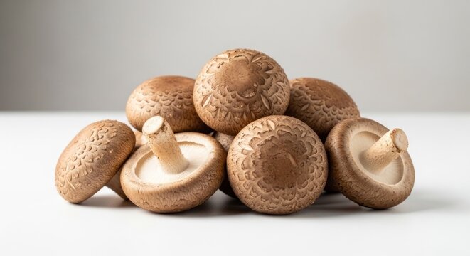 Pile of Fresh Shiitake Mushrooms on White Surface.