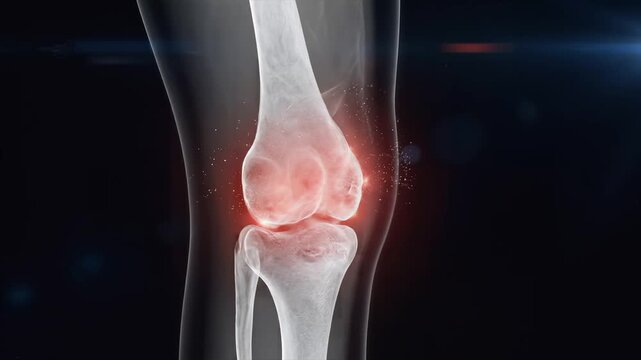 Cinematic X-ray view of a human knee joint glowing with painful red inflammation, showing deterioration and crumbling bones on a dark background