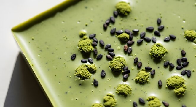 A close up shot of a square piece of matcha flavored chocolate with sprinkled black sesame seeds