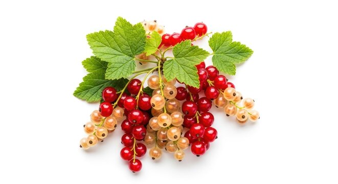 Red and White Currants with Green Leaves on White Background.