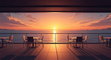 Fototapeta premium Serene Sunset View from a Seaside Restaurant Terrace.
