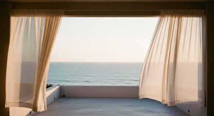 Fototapeta premium Serene Ocean View from Balcony with Flowing Curtains.