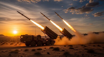 Naklejka premium Three missile launches erupt from a mobile launcher at sunset in a desert landscape
