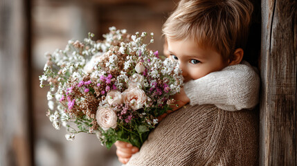 Naklejka premium Little boy hiding a bouquet of pink carnations behind his back, eyes smiling directly at the viewer while hugging an adult, anticipating a loving surprise for a special day