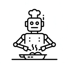 Naklejka premium A black and white line art illustration of a robotic chef preparing a hot meal in a frying pan