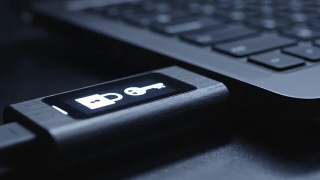 Macro close up of a hardware security key displaying a padlock and key on a laptop keyboard