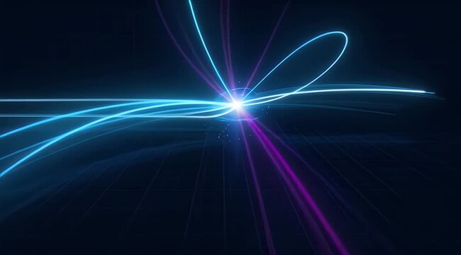 Energetic blue and magenta light streaks flow towards a bright burst on a dark grid