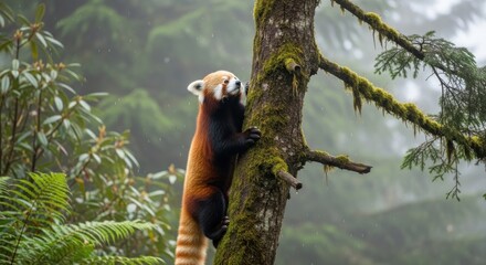 Fototapeta premium Red Panda Climbing Tree in Forest.