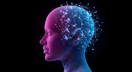 Obraz premium Abstract representation of a human head with glowing neural network connections, symbolizing artificial intelligence and brain activity