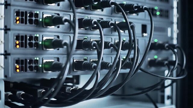 Server with network cables and patch panel