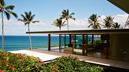 Fototapeta premium A modern vacation villa on the tropical ocean, beach view, resort villa.