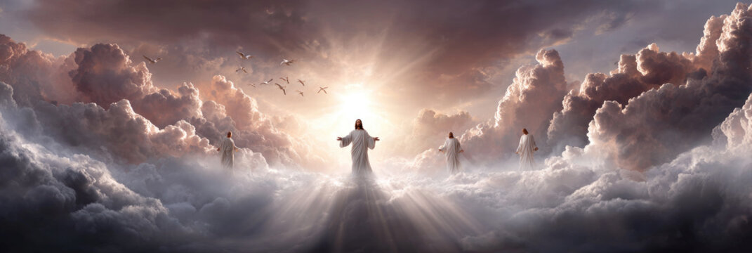 Jesus Christ stands with outstretched arms, rising towards a heavenly light above dense clouds, signifying the Ascension, spiritual enlightenment, and eternal life, with figures looking on
