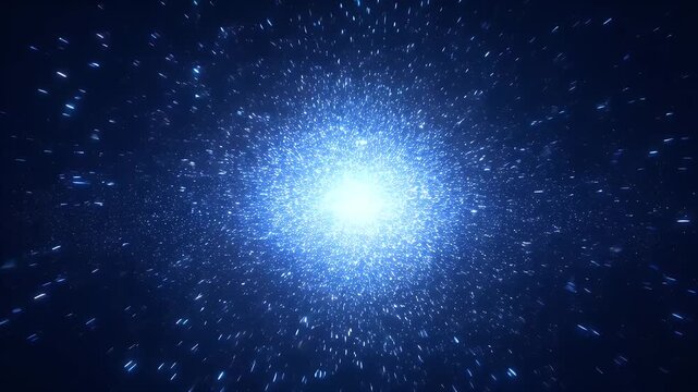 Bright blue light bursts forth from center, radiating glowing particles in a dark void