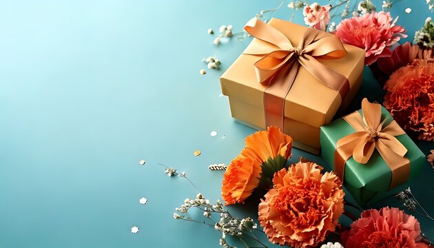 Gift boxes with ribbon sit amongst vibrant carnations & baby's breath on a blue surface. Delicate petals and paper confetti scattered