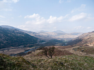 View from Cnap Mor near the West Highland Way, looking north via the River Falloch to the Tyndrum Hills. Loch Lomond and the Trossachs National Park, Southern Highlands of Scotland. © David
