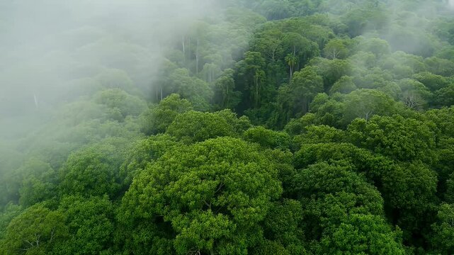 Lush green forest canopy seen from above, partially shrouded in soft, atmospheric mist